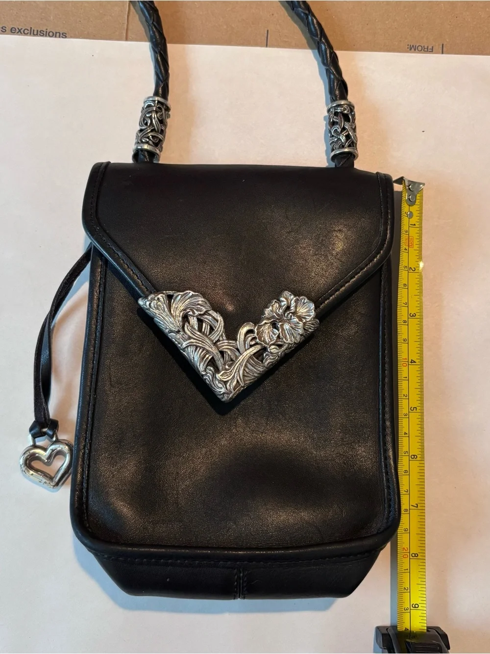 Brighton Vintage Black Leather Crossbody Bag Floral Silver Hardware Heart Purse